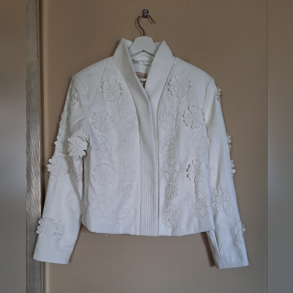 Soft Surroundings Faux Leather Jacket White Rosettes 3D Flowers Feminine Cottage